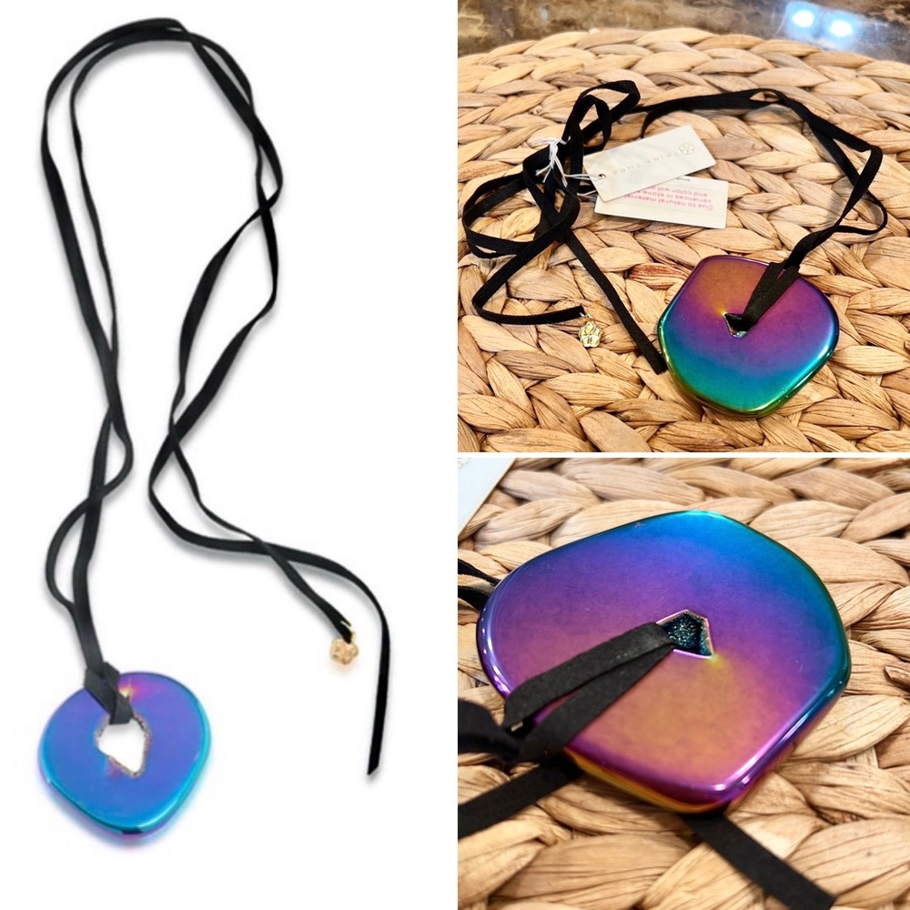 NWT~TRINA TURK-OAHU Hematite Pendant on Adj Suede Cord Necklace